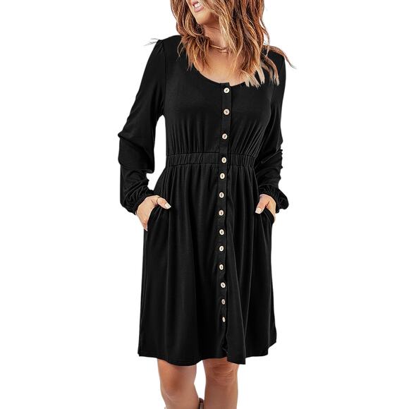 Black Button Up High Waist Long Sleeve Dress New Sizes S, M. L, XL, 2XL - Picture 10 of 12